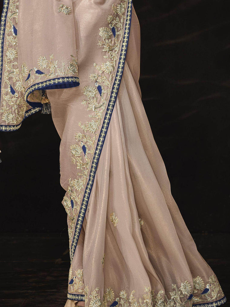 Glamorous Cream Embroidered Silk Traditional Saree With Blouse