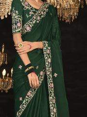 Bewitching Dark Green Embroidered Silk Saree With Blouse