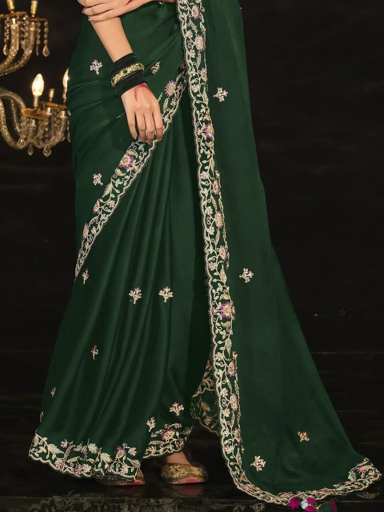 Bewitching Dark Green Embroidered Silk Saree With Blouse