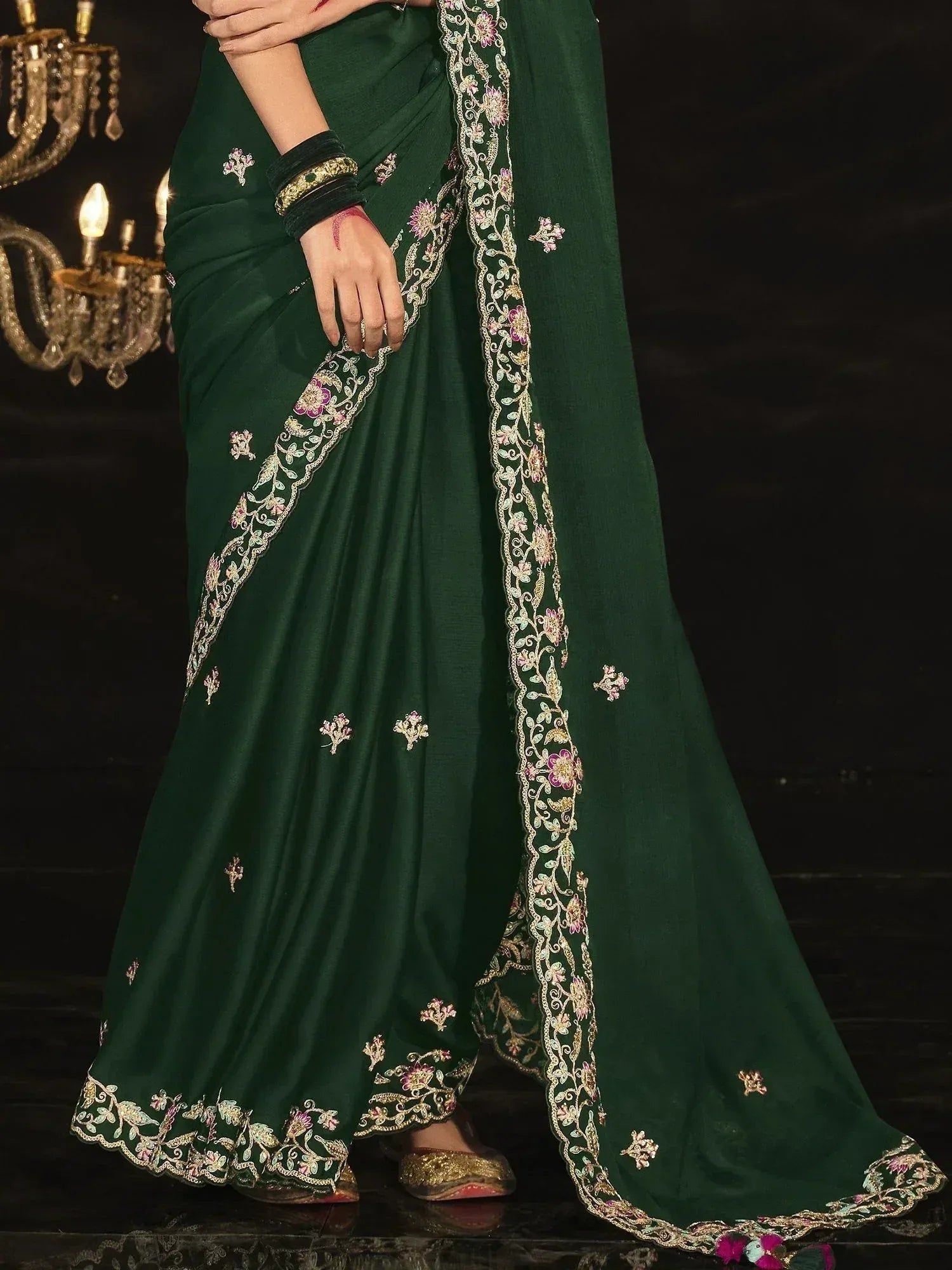 Emerald green saree with floral embroidery and gold border, Indian ethnic wear