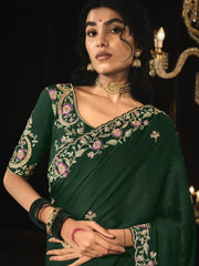 Bewitching Dark Green Embroidered Silk Saree With Blouse