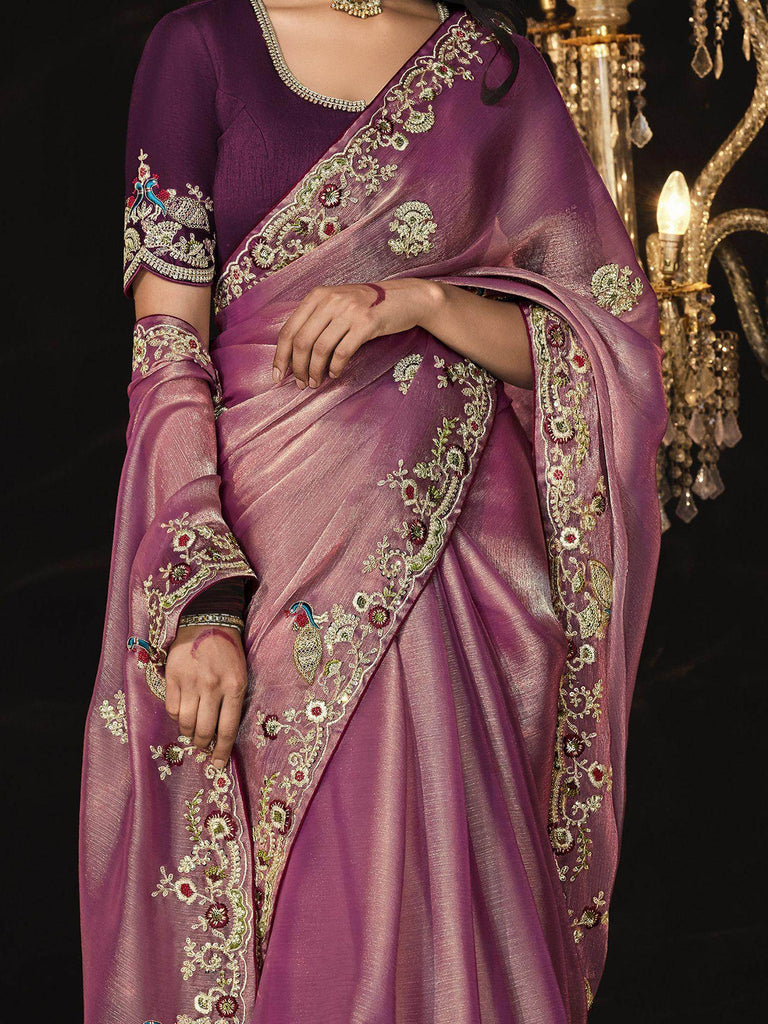 Beautiful Pink Embroidered Silk Wedding Wear Saree With Blouse