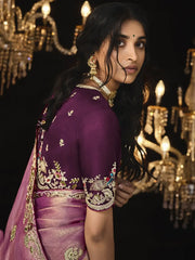Beautiful Pink Embroidered Silk Wedding Wear Saree With Blouse