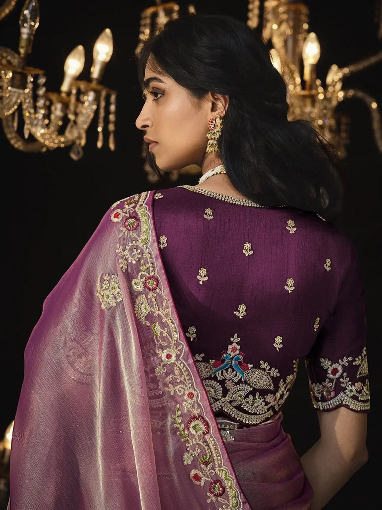 Beautiful Pink Embroidered Silk Wedding Wear Saree With Blouse