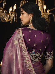 Beautiful Pink Embroidered Silk Wedding Wear Saree With Blouse