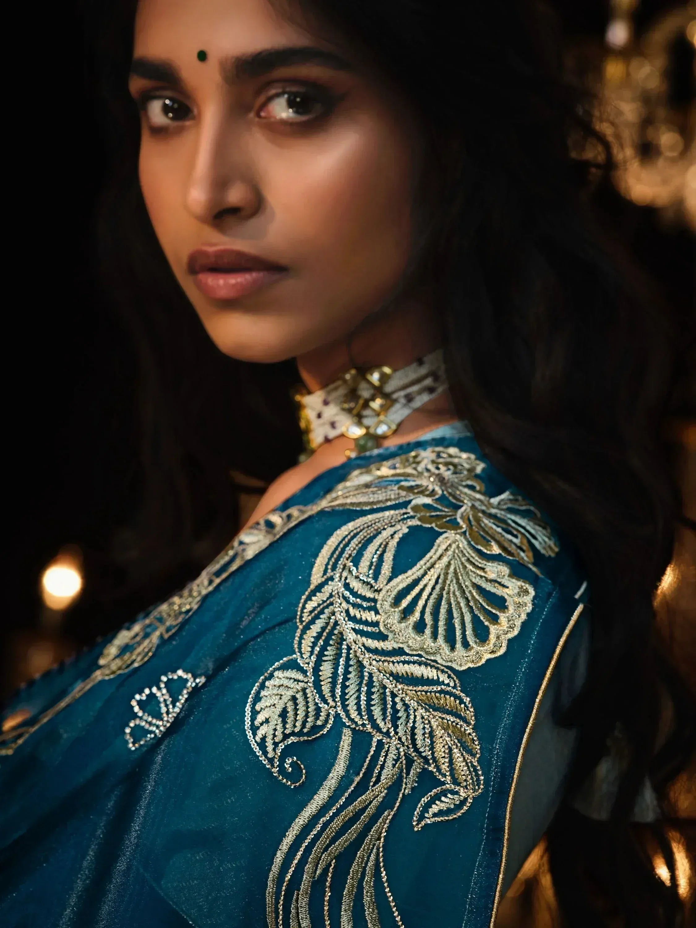 Teal velvet saree with gold embroidery, Indian ethnic wear for women