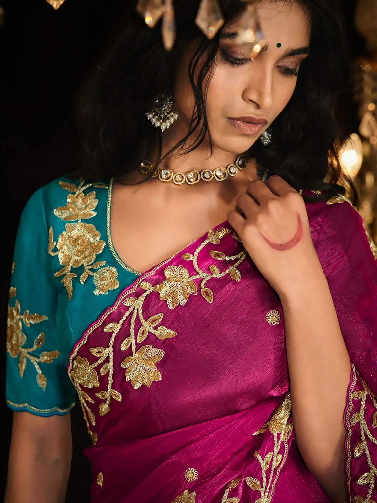 Attractive Rani Pink Embroidered Silk Event Wear Saree With Blouse