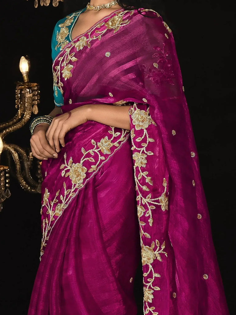 Attractive Rani Pink Embroidered Silk Event Wear Saree With Blouse