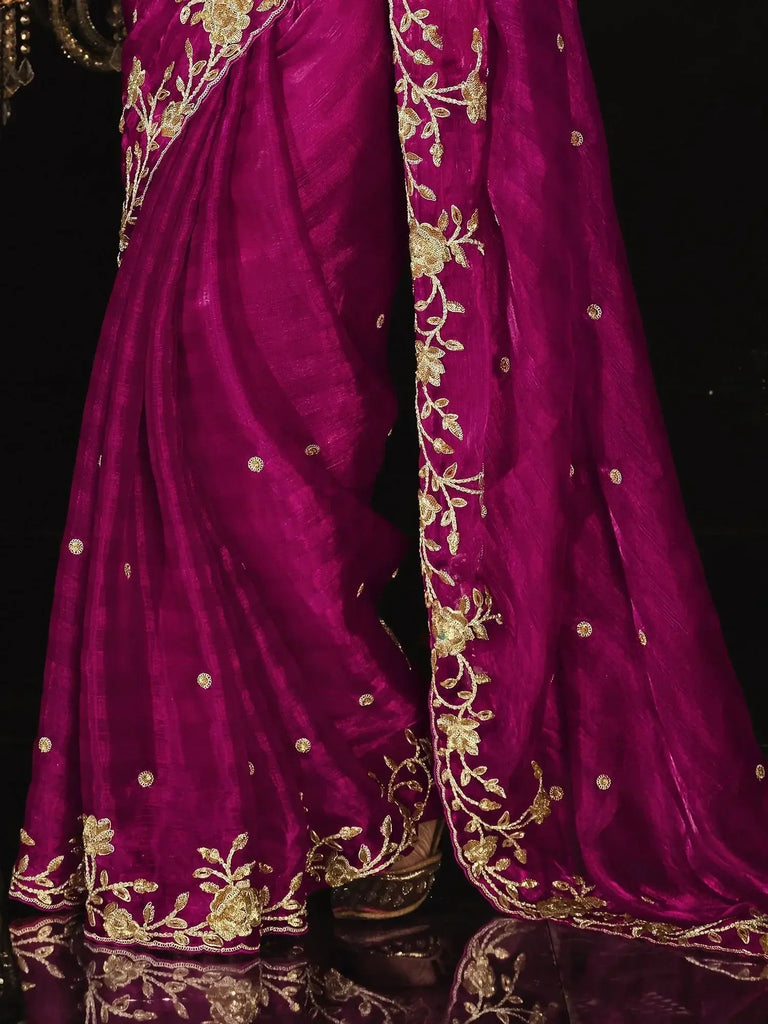 Attractive Rani Pink Embroidered Silk Event Wear Saree With Blouse