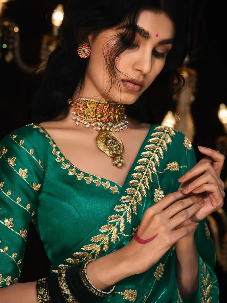 Alluring Teal Green Embroidered Silk Wedding Saree With Blouse