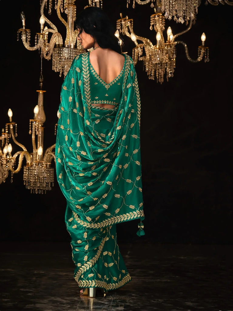 Alluring Teal Green Embroidered Silk Wedding Saree With Blouse