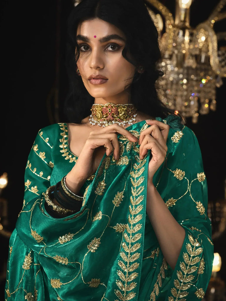 Alluring Teal Green Embroidered Silk Wedding Saree With Blouse