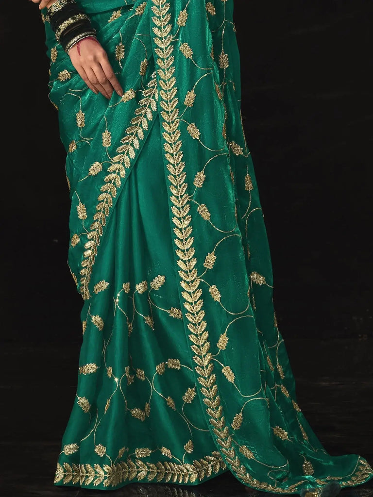 Alluring Teal Green Embroidered Silk Wedding Saree With Blouse