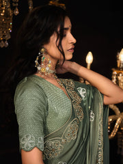 Enchanting Sage Green Swarovski Work Silk Festival Wear Saree