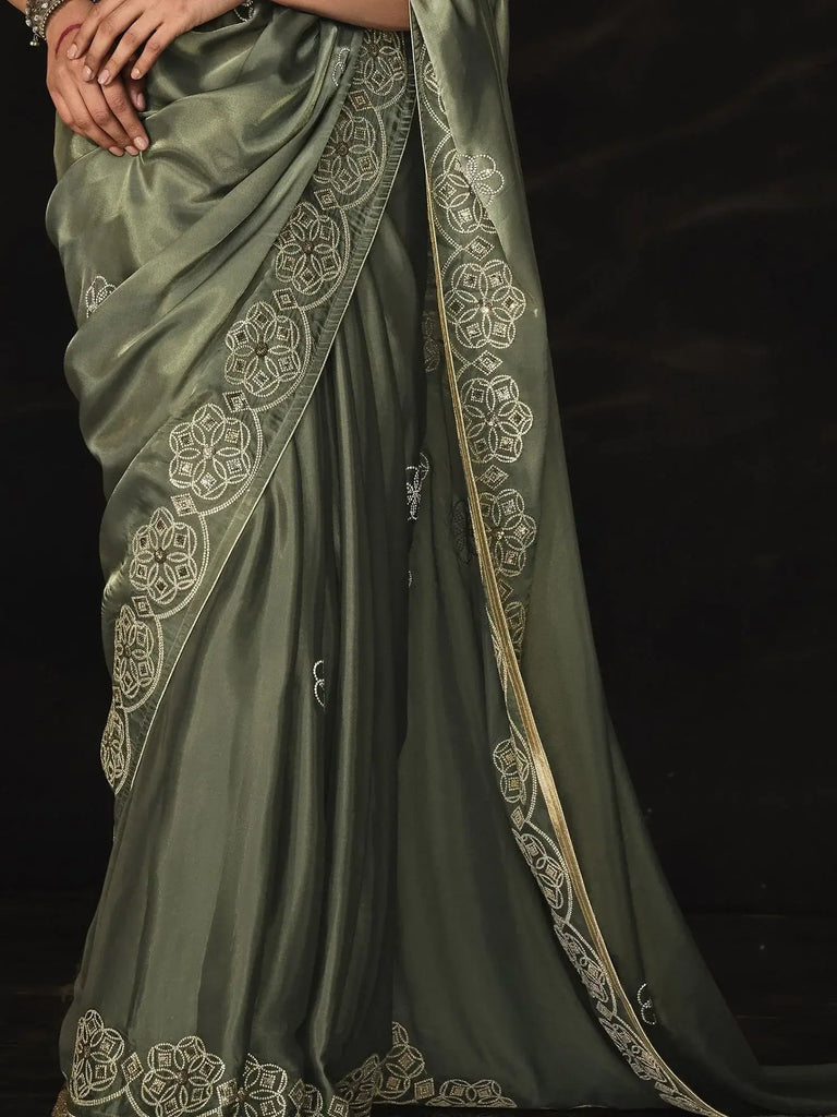Enchanting Sage Green Swarovski Work Silk Festival Wear Saree