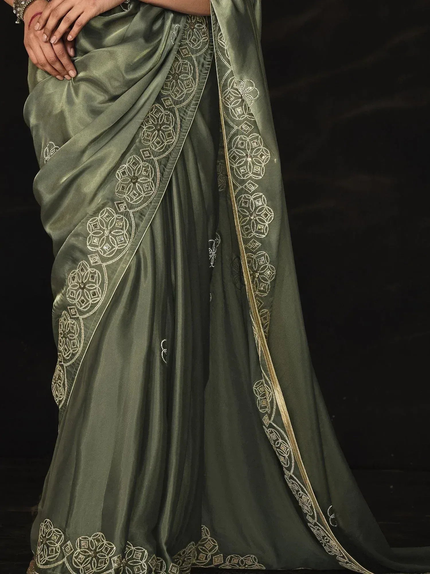 Enchanting Sage Green Swarovski Work Silk Festival Wear Saree