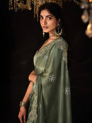 Enchanting Sage Green Swarovski Work Silk Festival Wear Saree