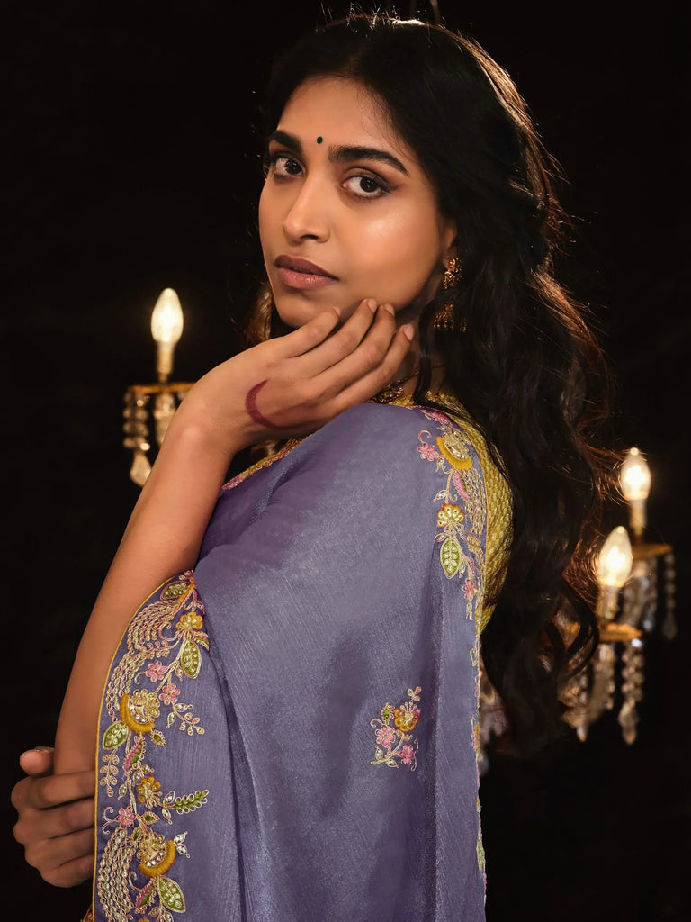 Glamorous Dusty Purple Embroidered Silk Saree With Blouse