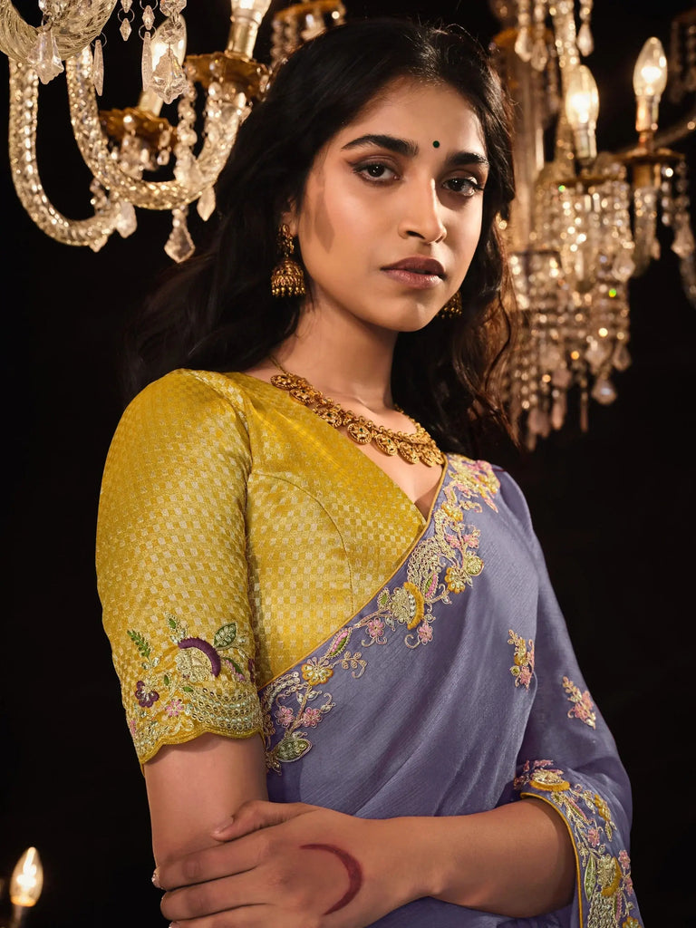 Glamorous Dusty Purple Embroidered Silk Saree With Blouse