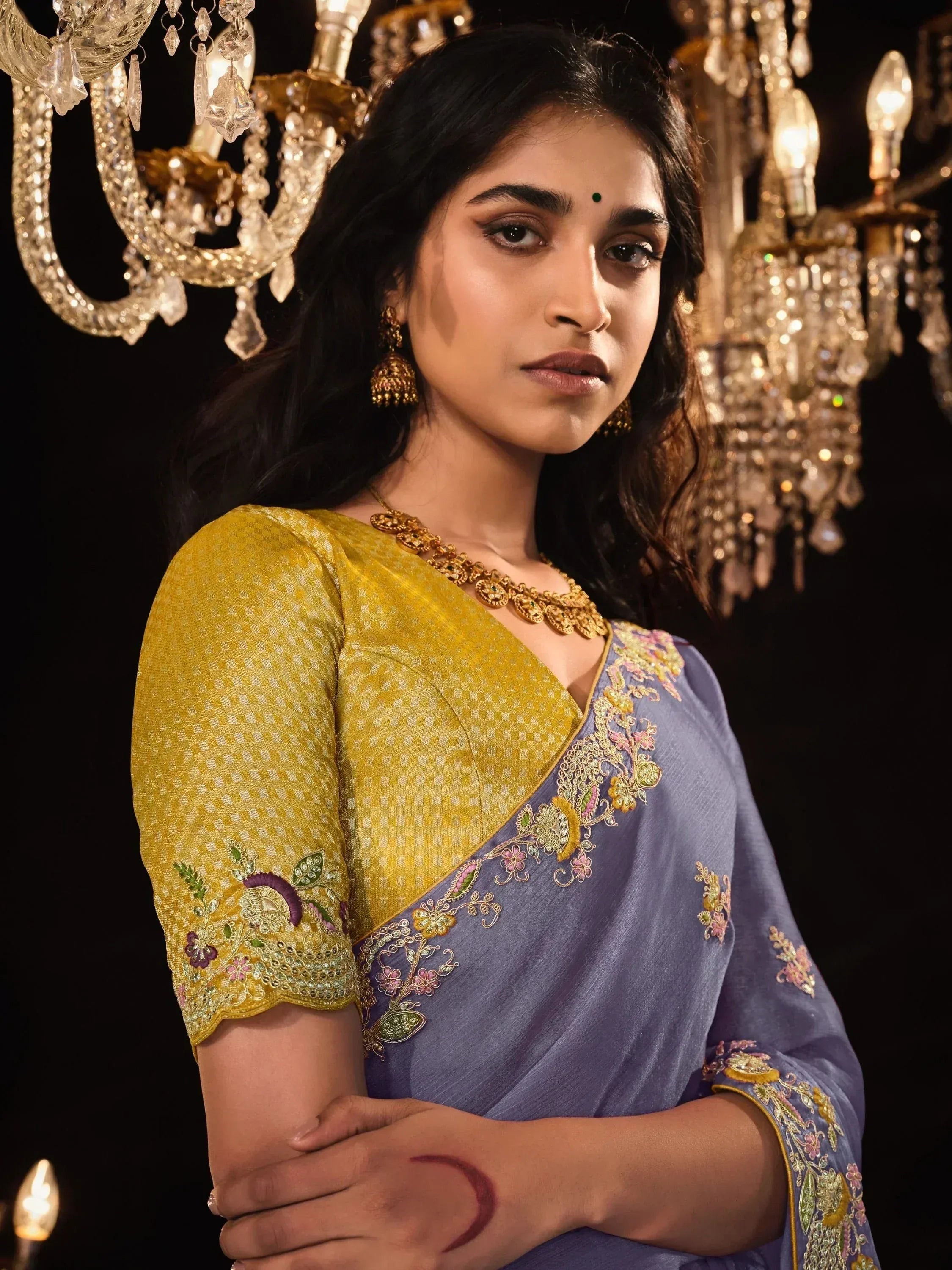 Glamorous Dusty Purple Embroidered Silk Saree With Blouse