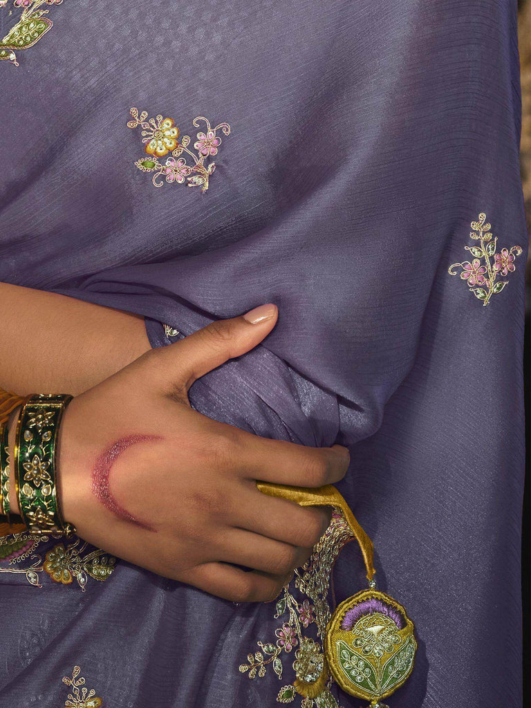 Glamorous Dusty Purple Embroidered Silk Saree With Blouse