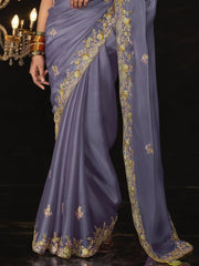Glamorous Dusty Purple Embroidered Silk Saree With Blouse