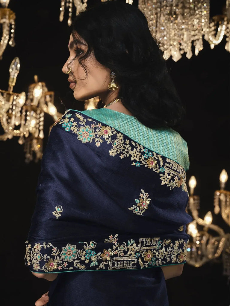 Incredible Navy-Blue Embroidered Silk Saree Wedding Wear Saree