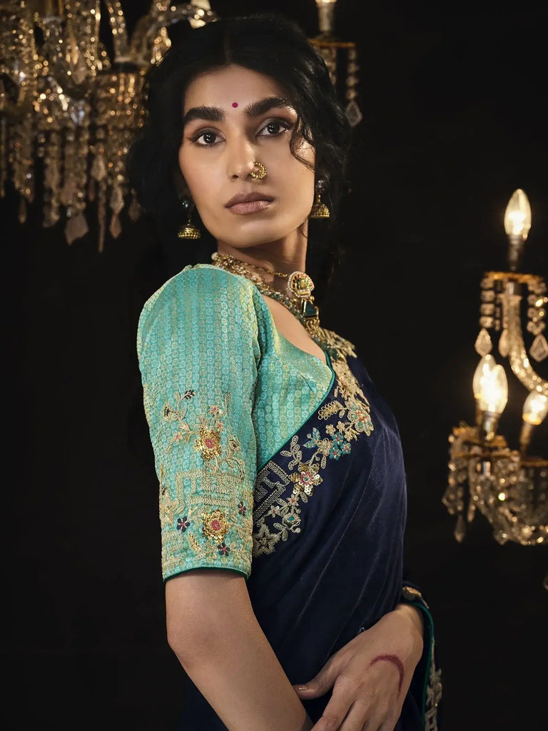 Incredible Navy-Blue Embroidered Silk Saree Wedding Wear Saree