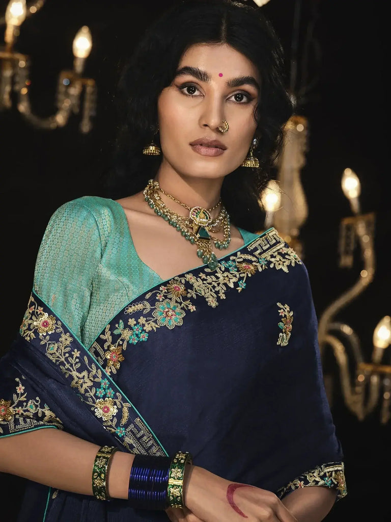 Incredible Navy-Blue Embroidered Silk Saree Wedding Wear Saree