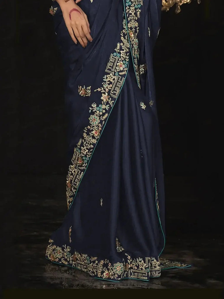 Incredible Navy-Blue Embroidered Silk Saree Wedding Wear Saree