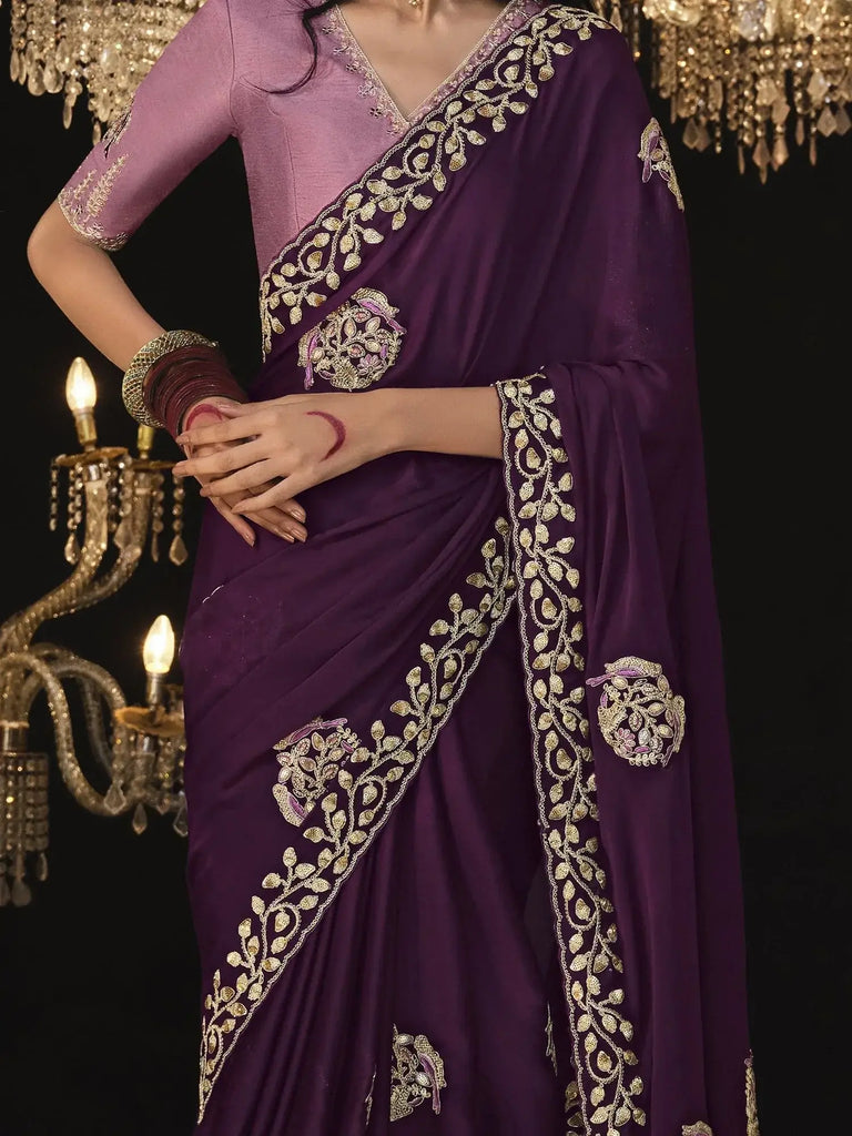 Astonishing Wine Embroidered Silk Saree Reception Wear Saree