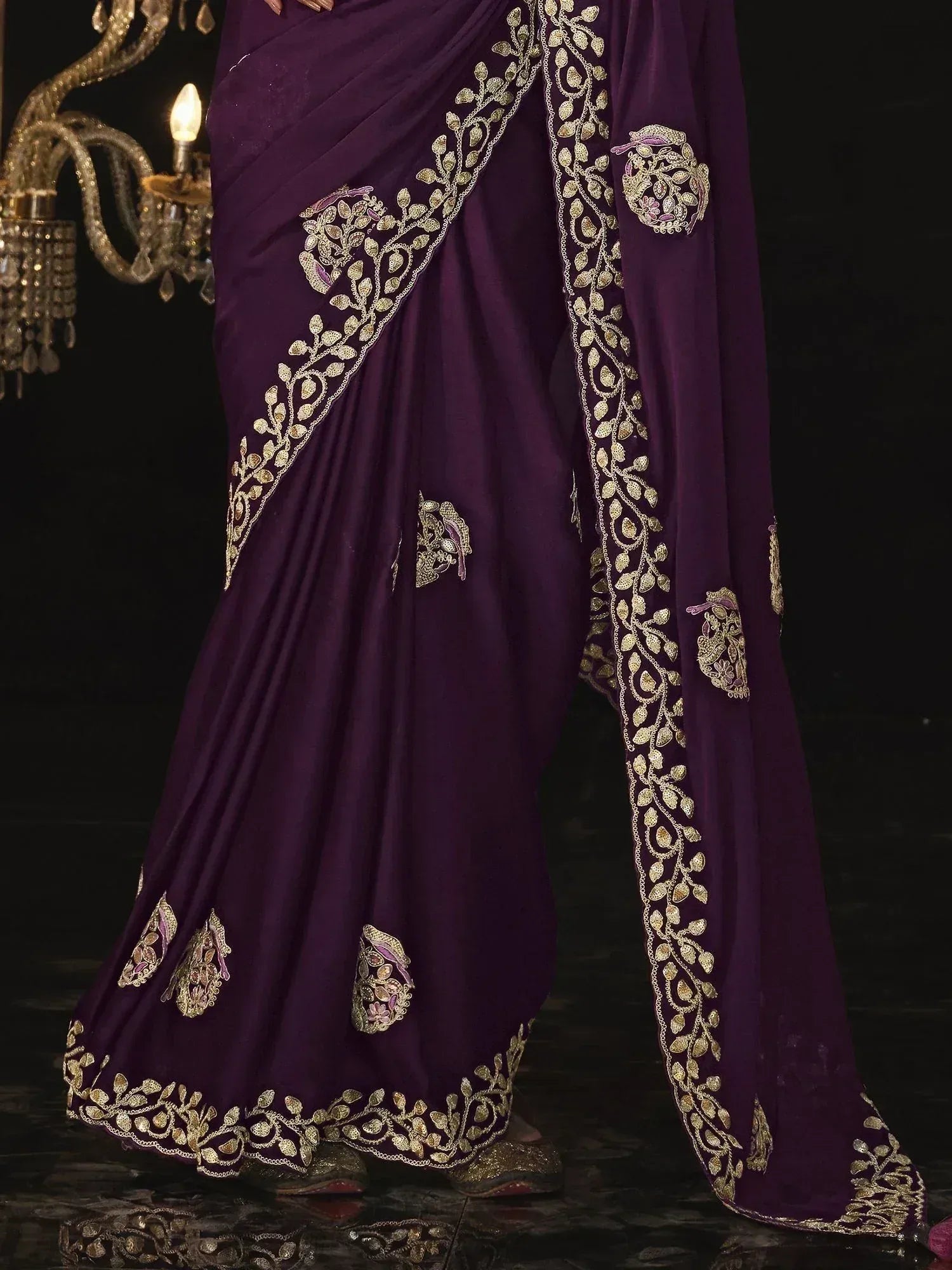 Purple saree with gold leaf embroidery, perfect for Indian ethnic wear and festive occasions.