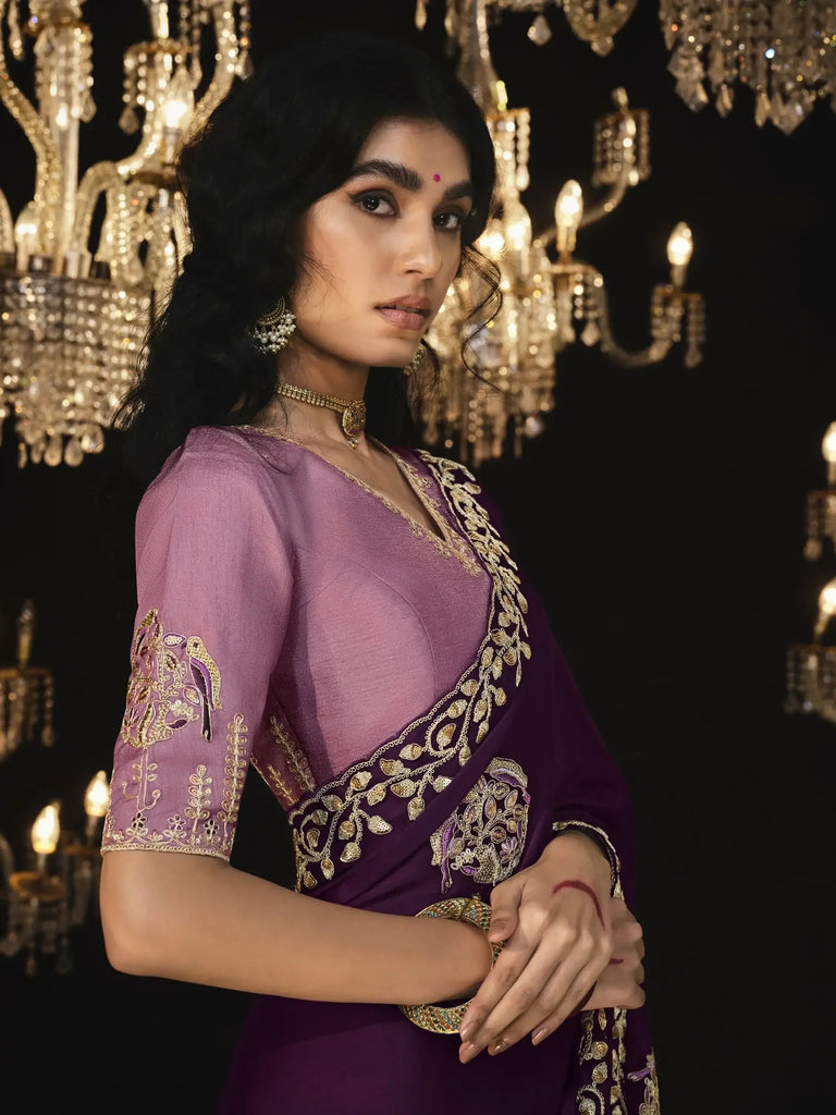 Astonishing Wine Embroidered Silk Saree Reception Wear Saree