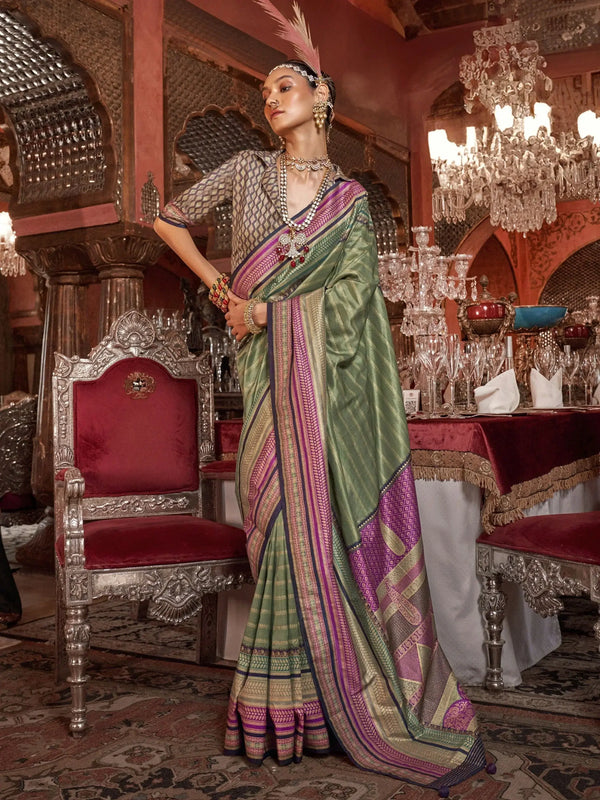 Lovely Olive Green Zari Weaving Silk Mehendi Wear Saree With Blouse