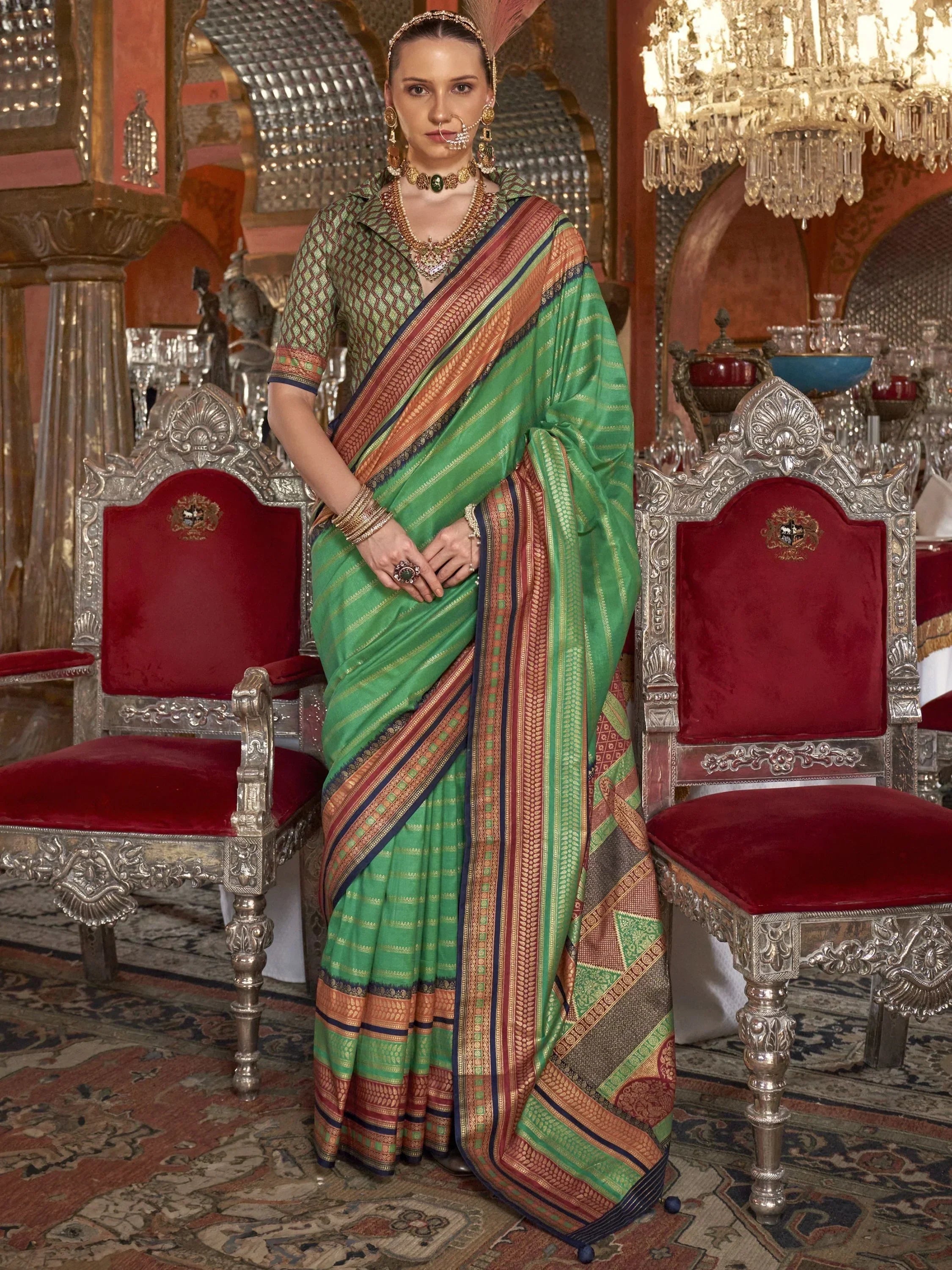 Pretty Teal Green Zari Weaving Silk Event Wear Saree With Blouse