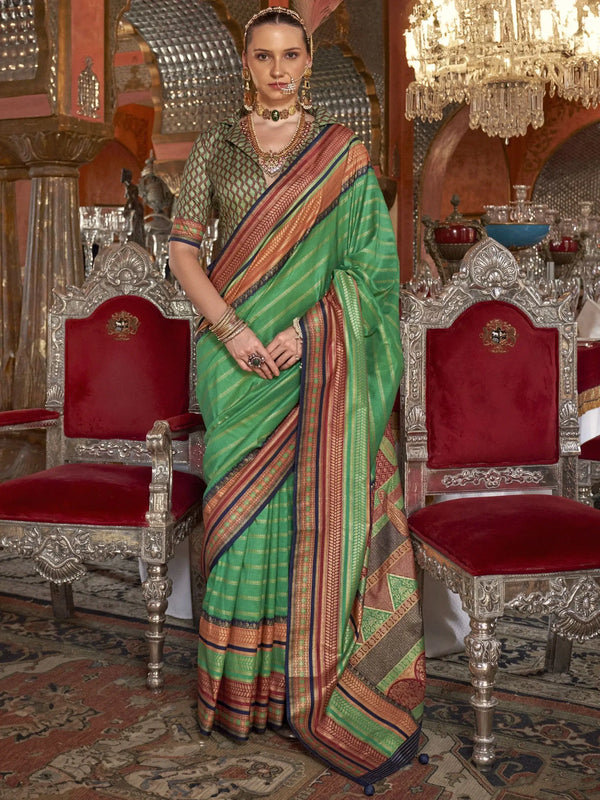 Pretty Teal Green Zari Weaving Silk Event Wear Saree With Blouse