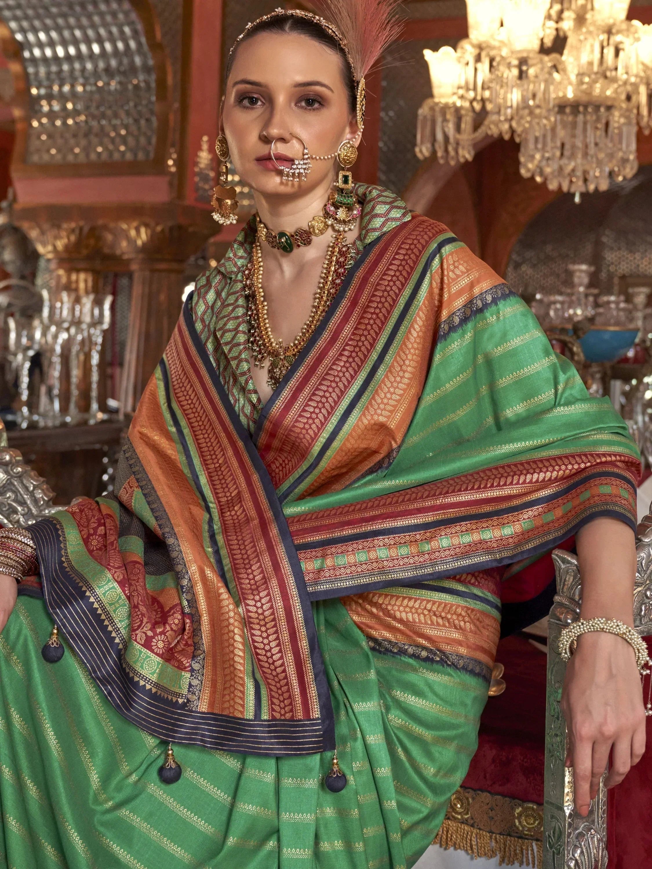 Pretty Teal Green Zari Weaving Silk Event Wear Saree With Blouse