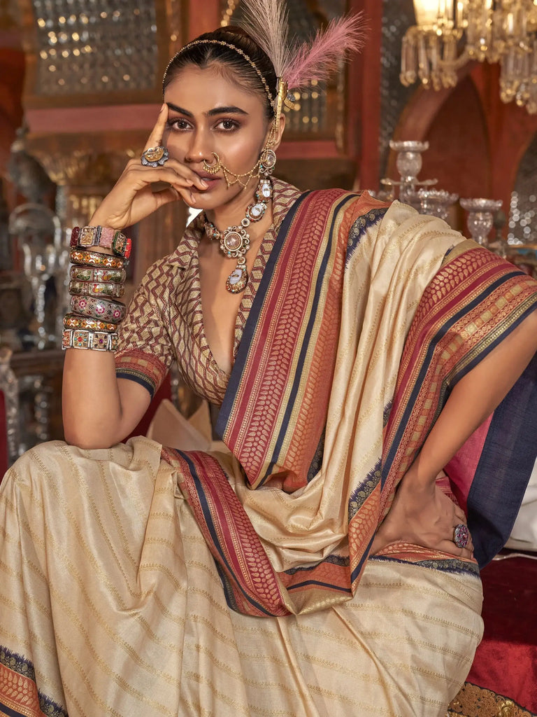 Captivating Cream Zari Weaving Silk Festival Wear Saree With Blouse