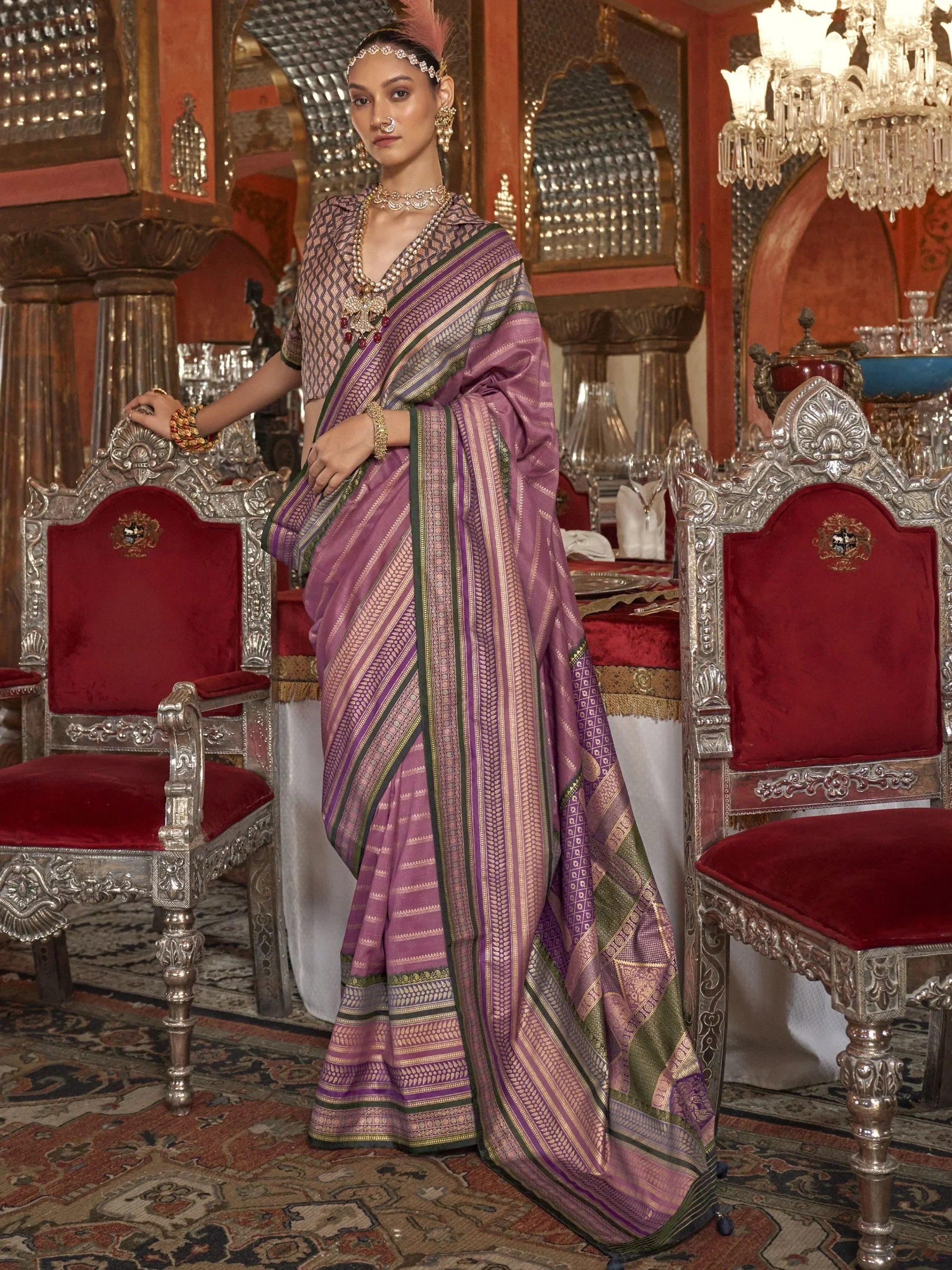 Ravishing Mauve Zari Weaving Silk Wedding Wear Saree With Blouse