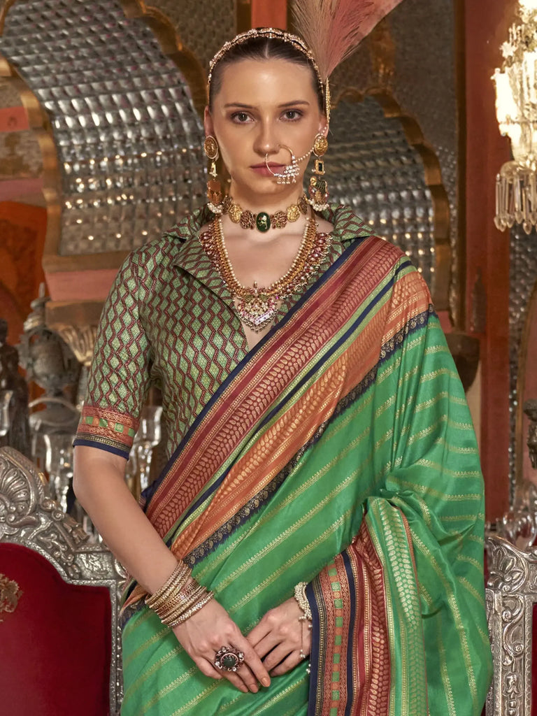 Pretty Teal Green Zari Weaving Silk Event Wear Saree With Blouse