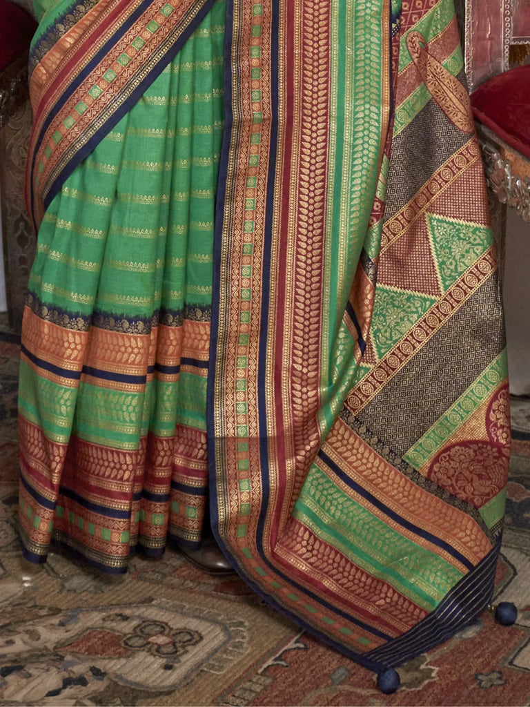 Pretty Teal Green Zari Weaving Silk Event Wear Saree With Blouse