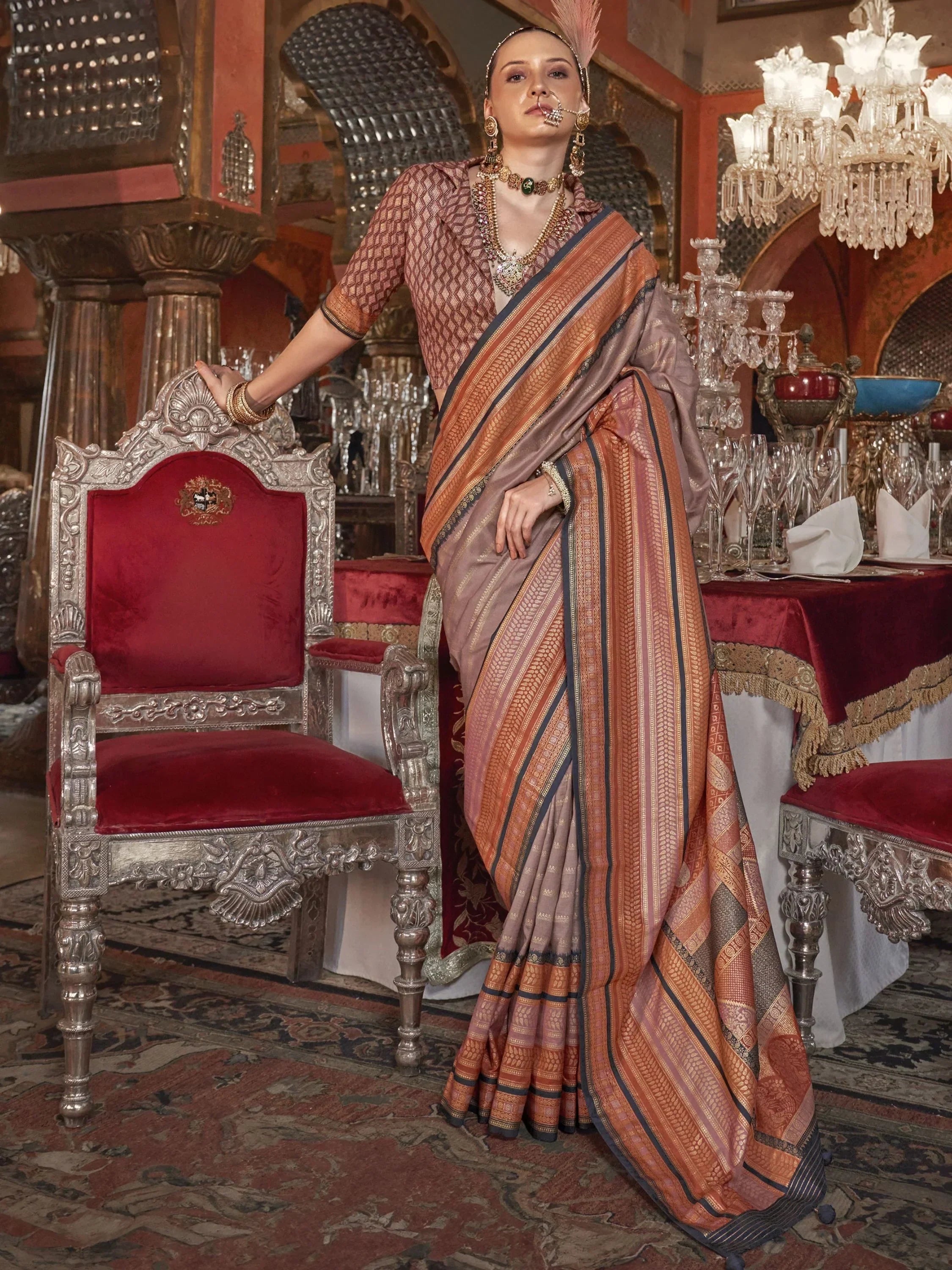 Fetching Brown Zari Weaving Silk Function Wear Saree With Blouse