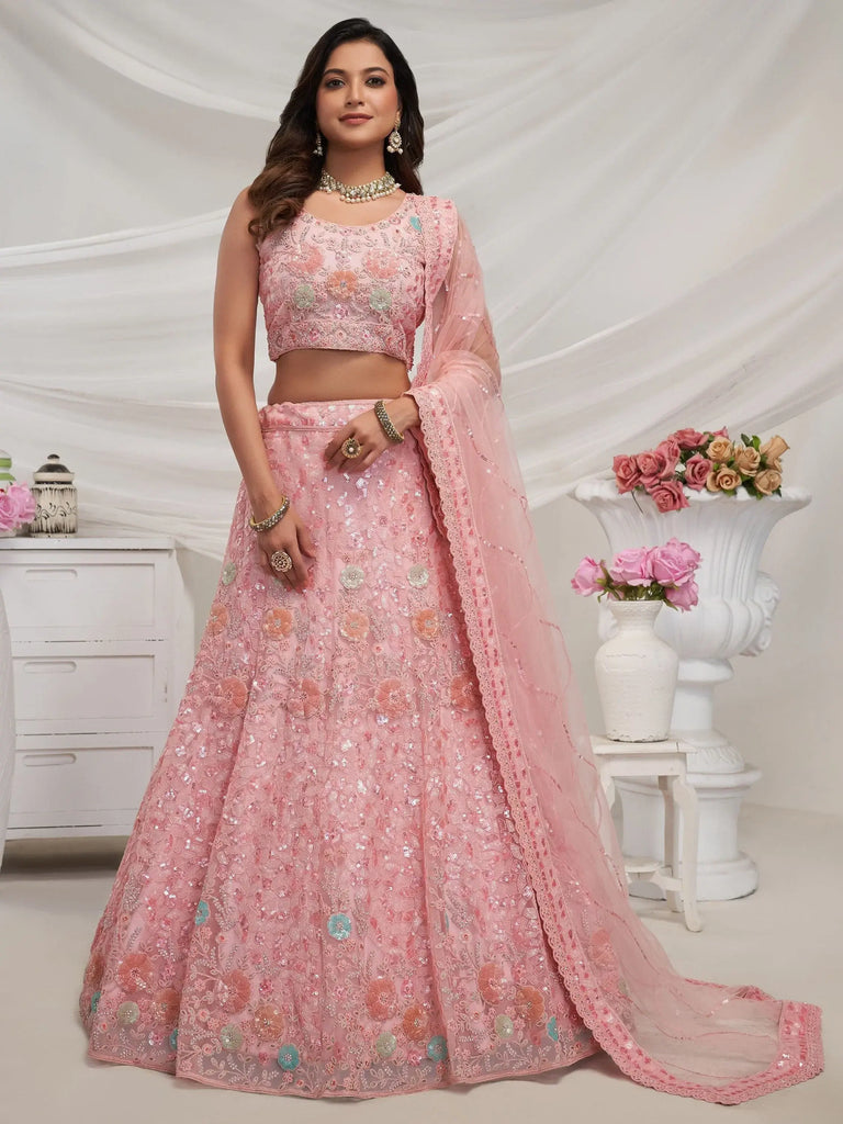 Beautiful Pink Sequins Net Engagement Wear Lehenga Choli With Dupatta
