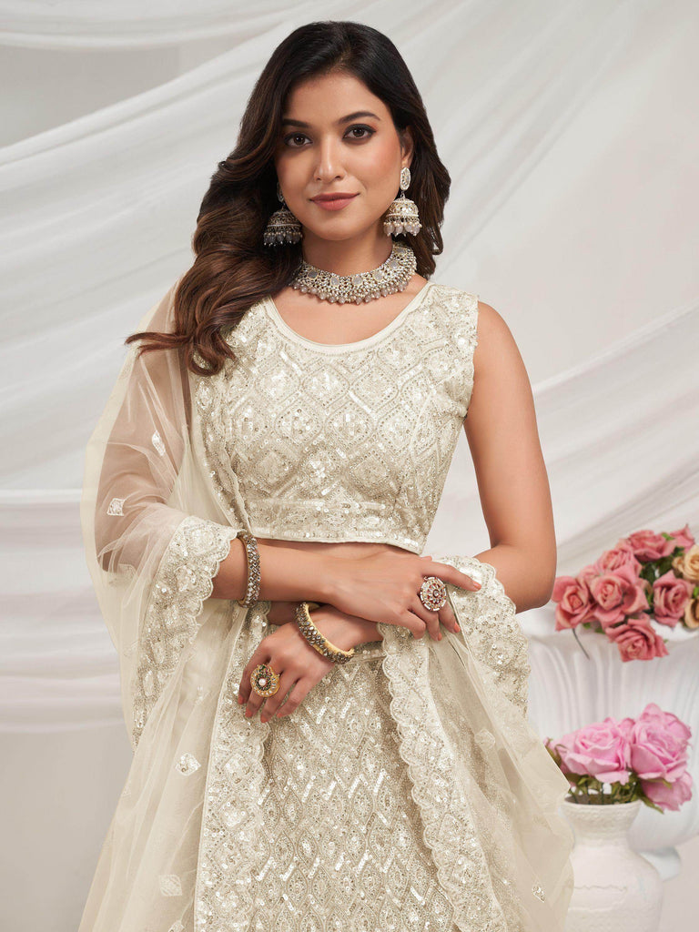 Fabulous Ivory Heavy Sequins Net Wedding Lehenga Choli With Dupatta