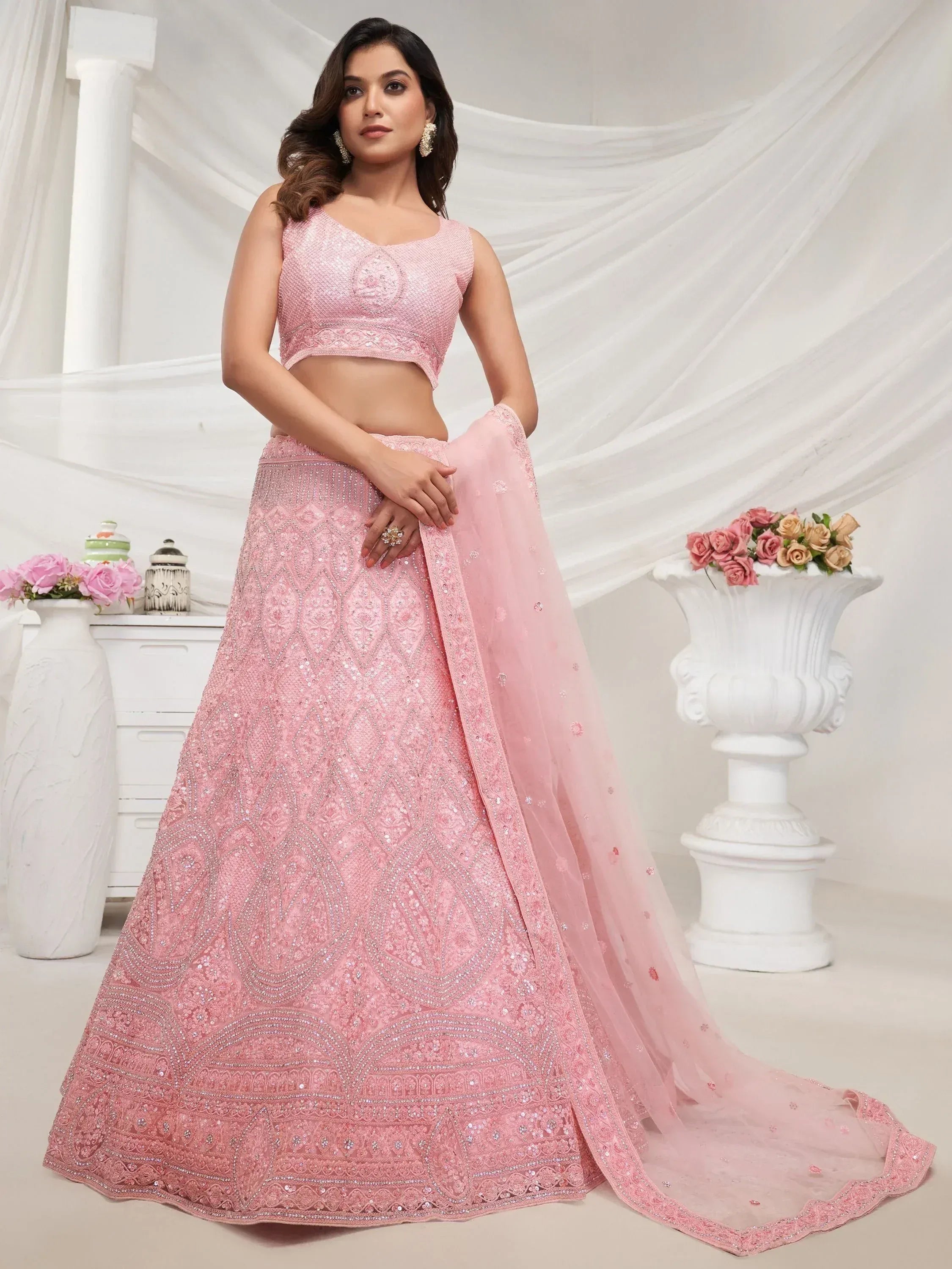 Pink embroidered lehenga choli with matching dupatta, perfect for Indian ethnic wear occasions