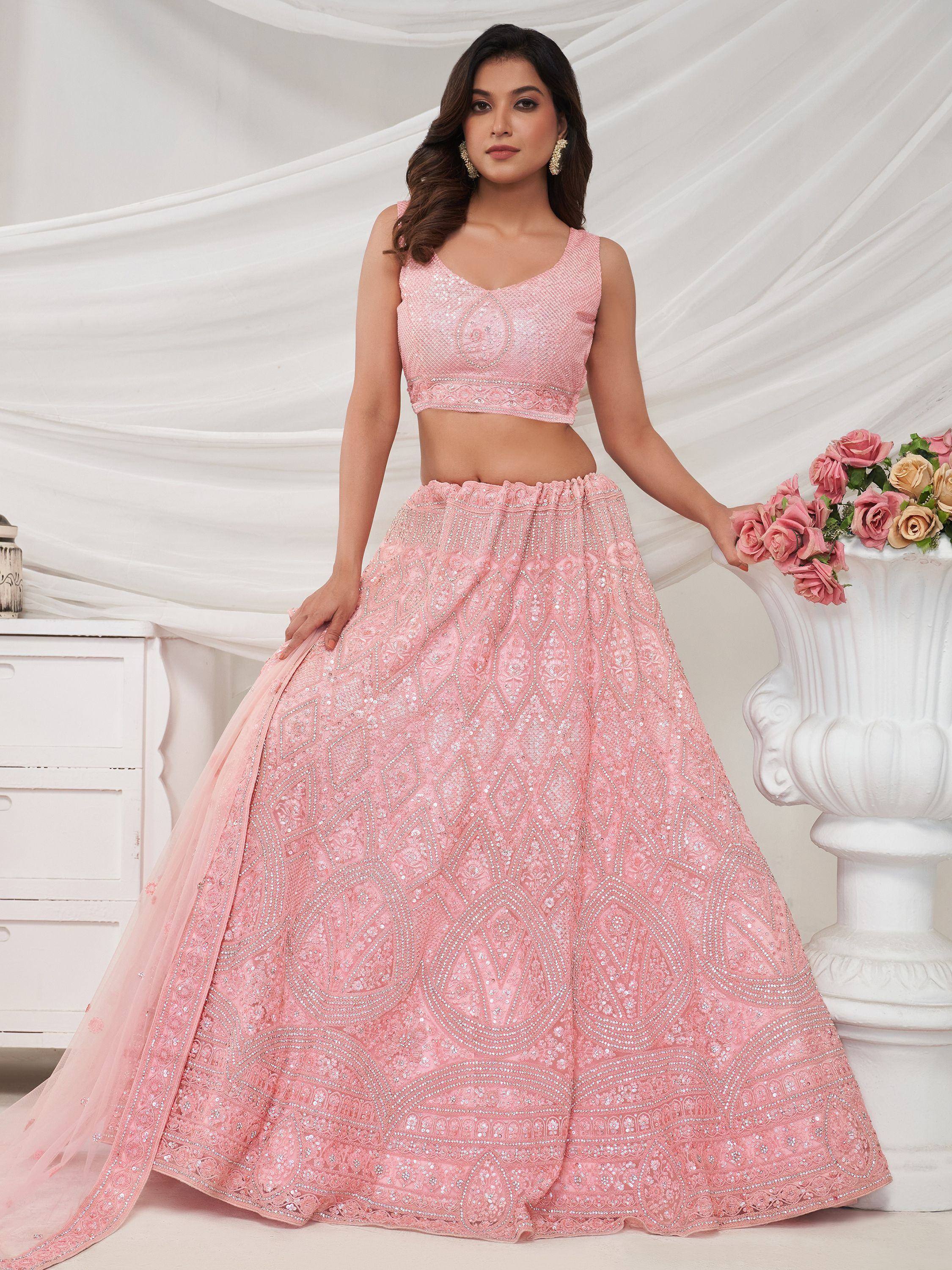 Pink embroidered lehenga choli with sequin work, perfect for weddings and festive occasions