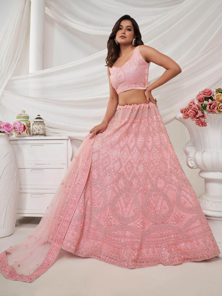 Attractive Pink Sequins Net Bridesmaid Lehenga Choli With Dupatta