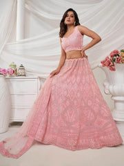 Attractive Pink Sequins Net Bridesmaid Lehenga Choli With Dupatta