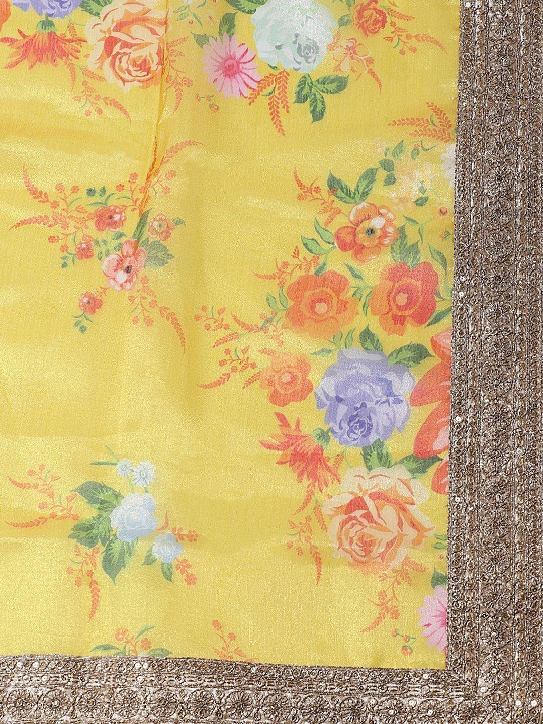 Yellow floral saree with sequin border, perfect for Indian ethnic wear
