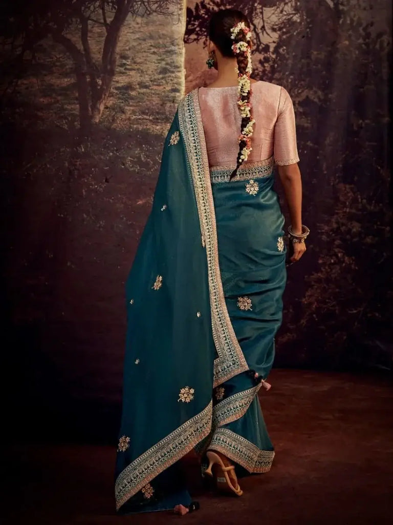 Awesome Blue Sequin Silk Party Wear Saree With Blouse